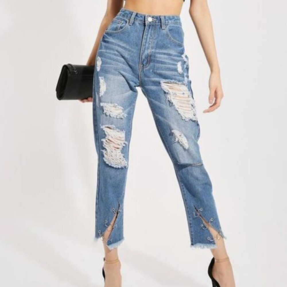 I Saw It First Mid Wash Chain Hem Detail Jeans Sz8
